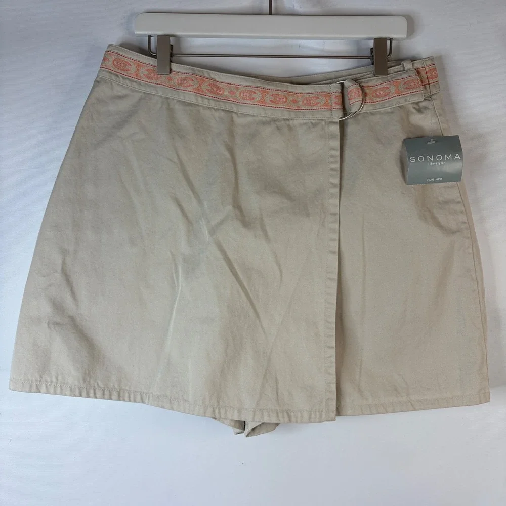 Sonoma Skort Women 16 Stone Beige Embroidered Trim Wrap Front Cotton